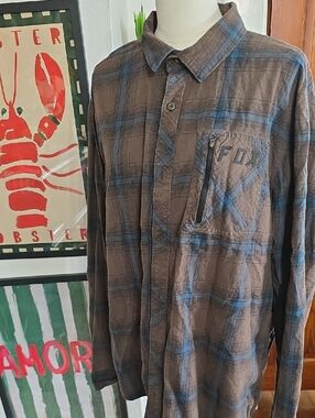 Fox Racing 2x Xxl ‎ Men’s Brown Plaid Button-Down Shirt with Blue Trim